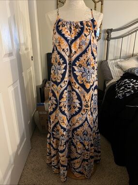 Sleeveless Navy and Mustard Floral Maxi Dress